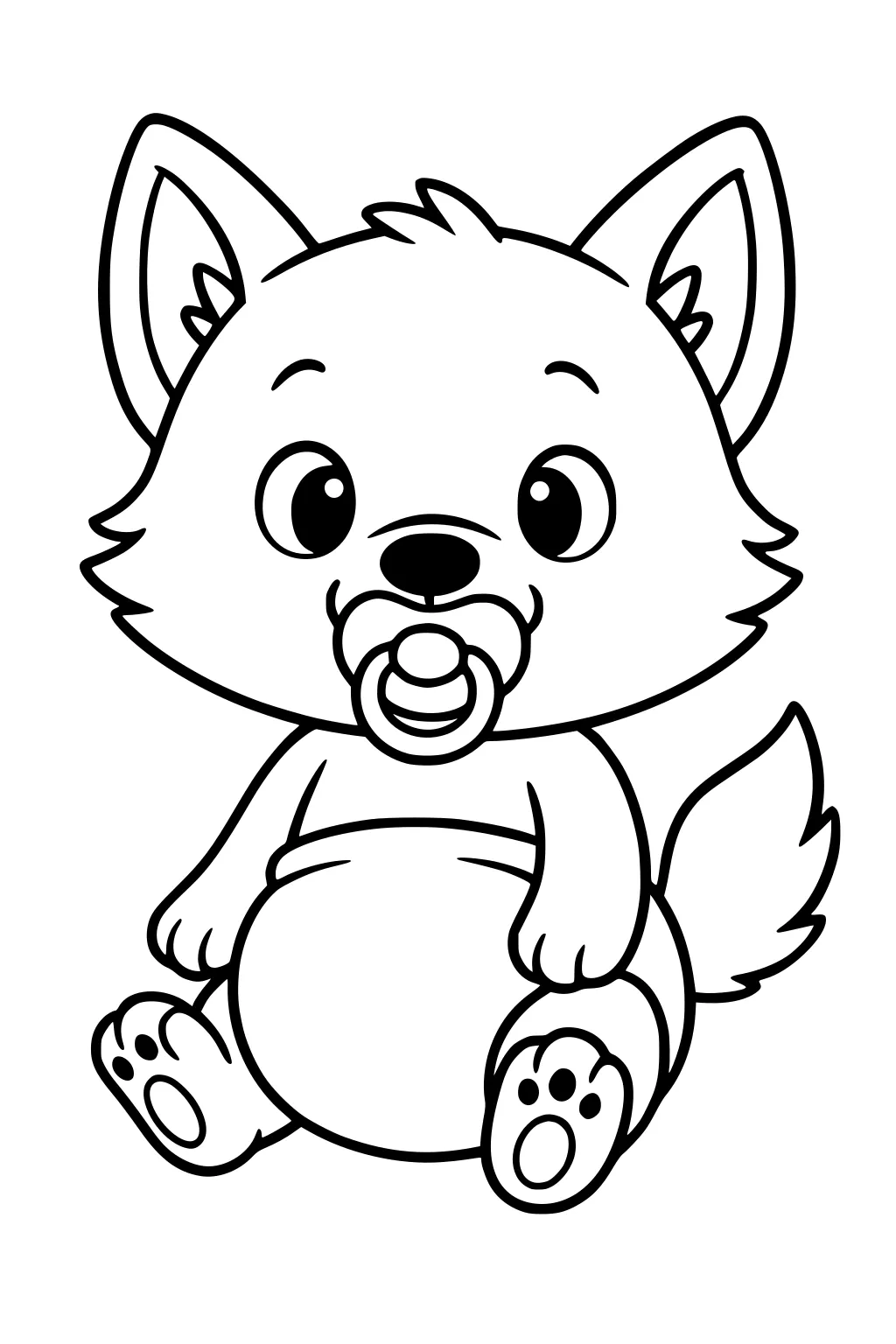 Baby wolf sitting with a pacifier, big round eyes, perky ears, fluffy tail, and paw pads, drawn in bold simple cartoon lines.