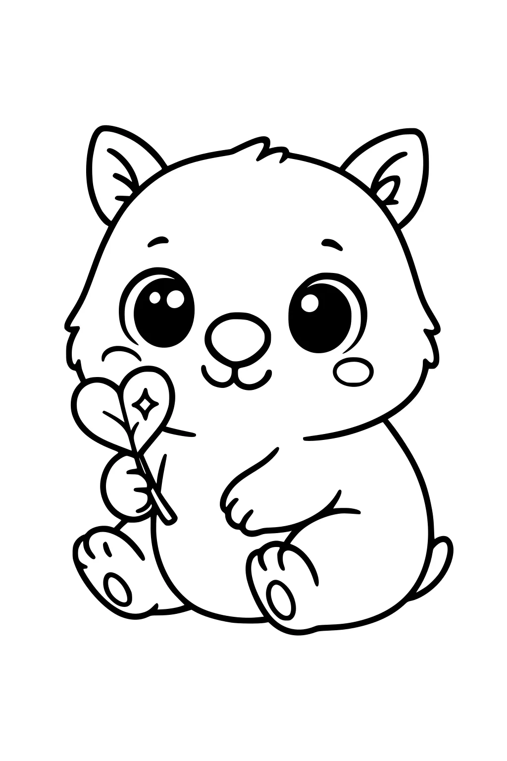 Cartoon baby wombat sitting, big eyes and round cheeks, holding a heart-shaped lollipop with a sparkle; bold lines and no background.