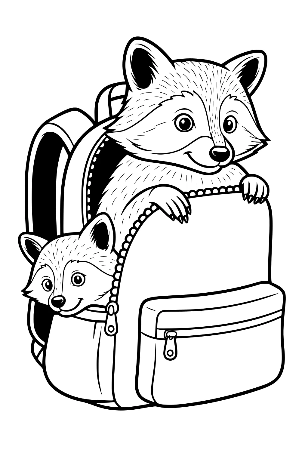 Two raccoons tucked inside an open backpack with one facing forward and another peeking out the side.