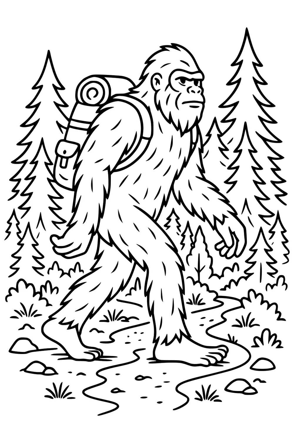 Cartoon yeti with a backpack and bedroll walking on a winding forest path amid pine trees, rocks, and shrubs in bold outlines.
