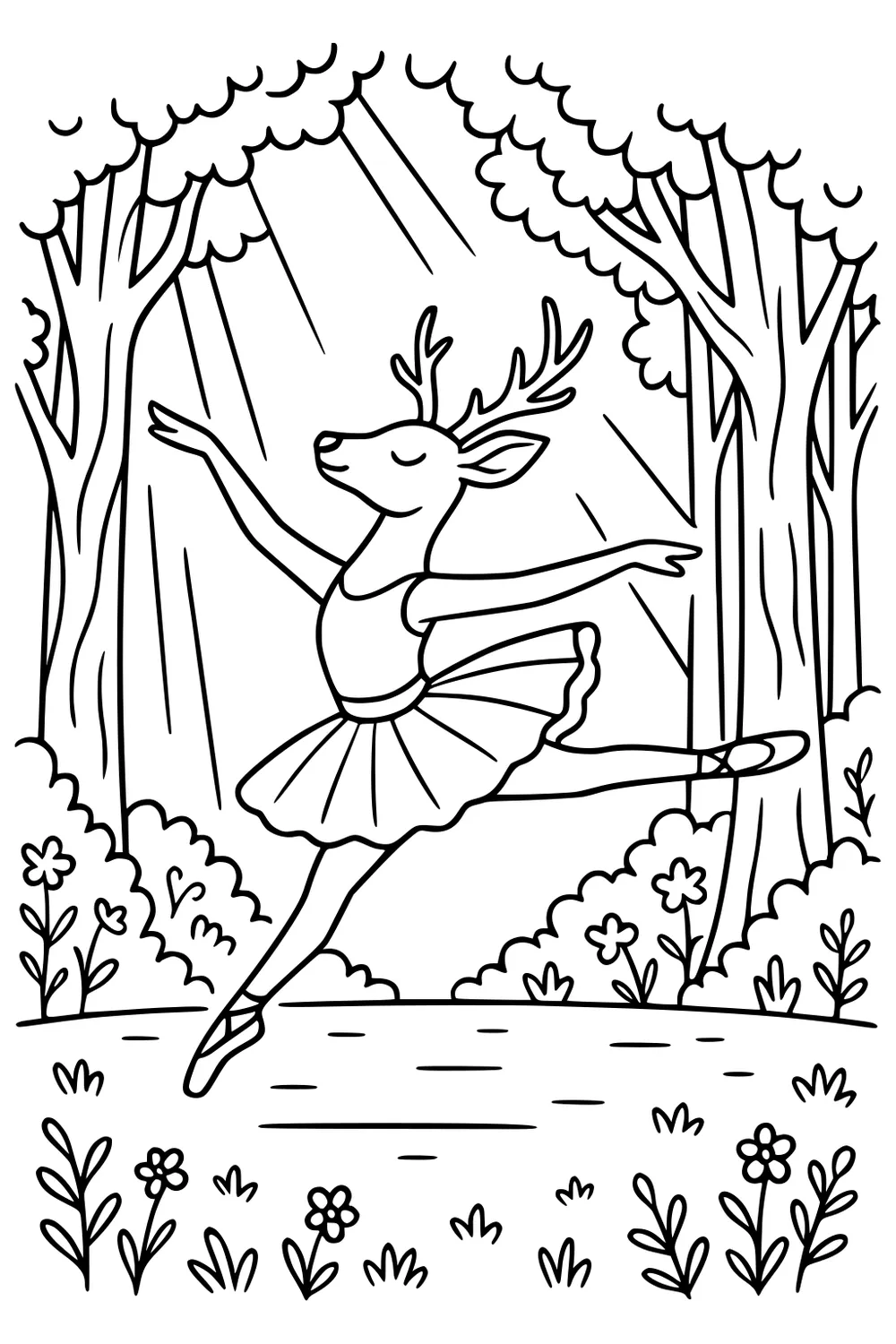 Deer in ballet tutu dancing on one hoof, arms outstretched in a forest clearing with flowers and trees around her.