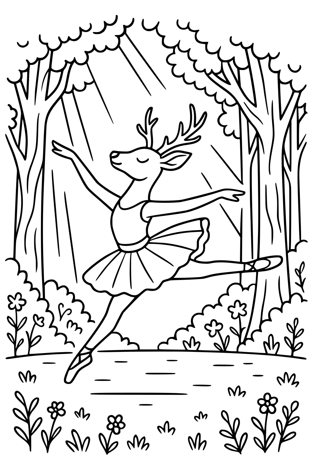 Deer in ballet tutu dancing on one hoof, arms outstretched in a forest clearing with flowers and trees around her.