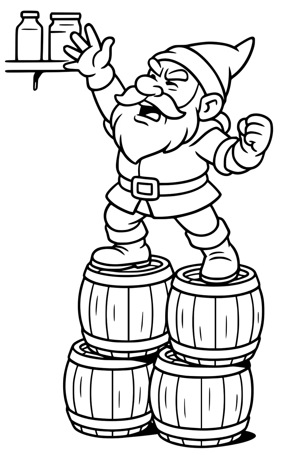 Bearded dwarf on stacked barrels, reaching to a high shelf with two jars, one fist raised, pointy hat, belt, and boots.