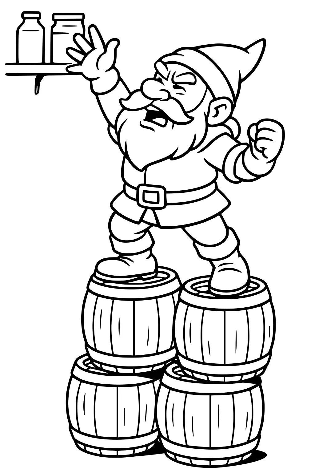 Bearded dwarf on stacked barrels, reaching to a high shelf with two jars, one fist raised, pointy hat, belt, and boots.