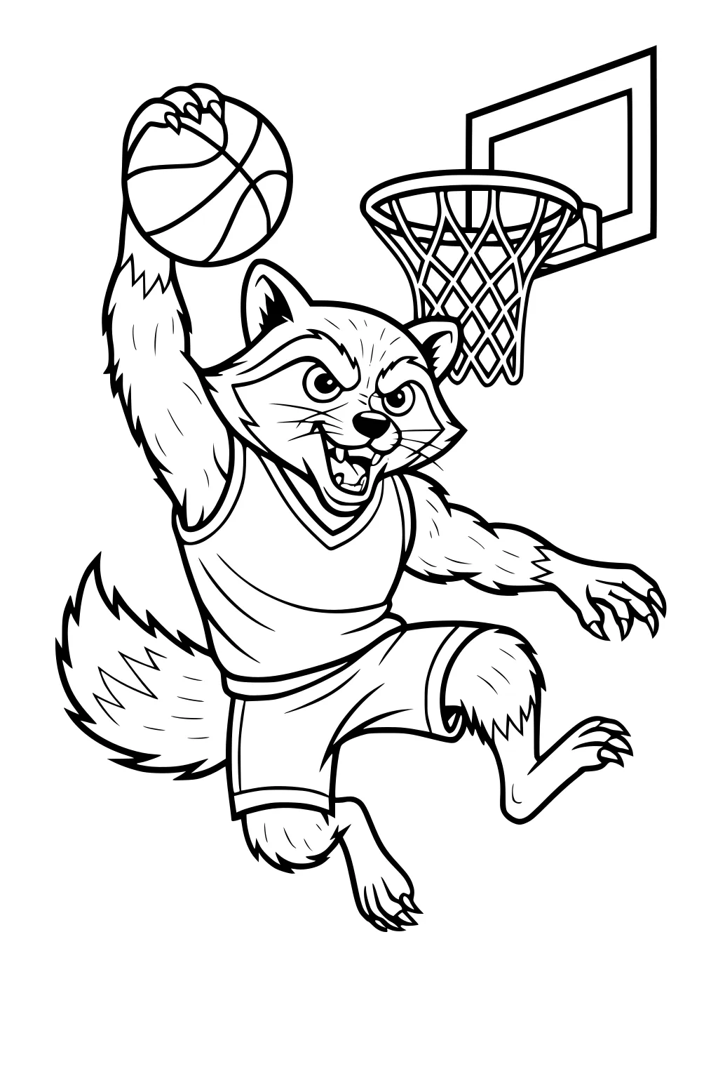 Raccoon in basketball jersey jumping to dunk a basketball into a hoop, tail raised and mouth open in a grin.