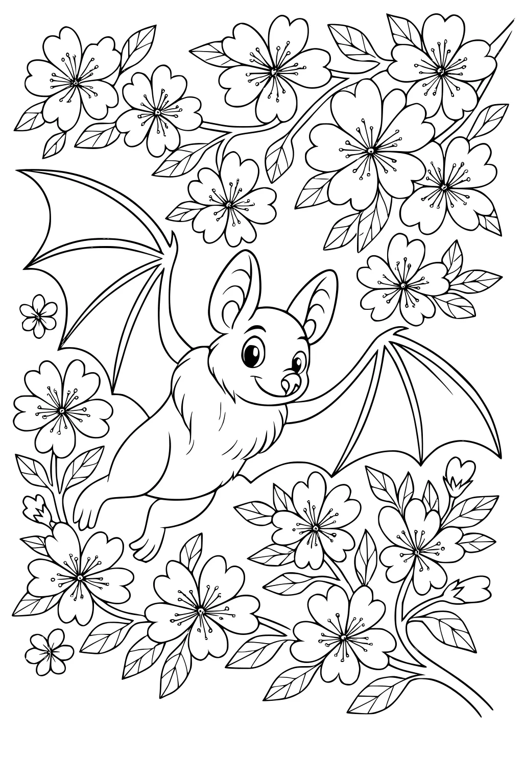 Smiling bat flying with wide wings among blooming flowers and leafy branches on a white background.