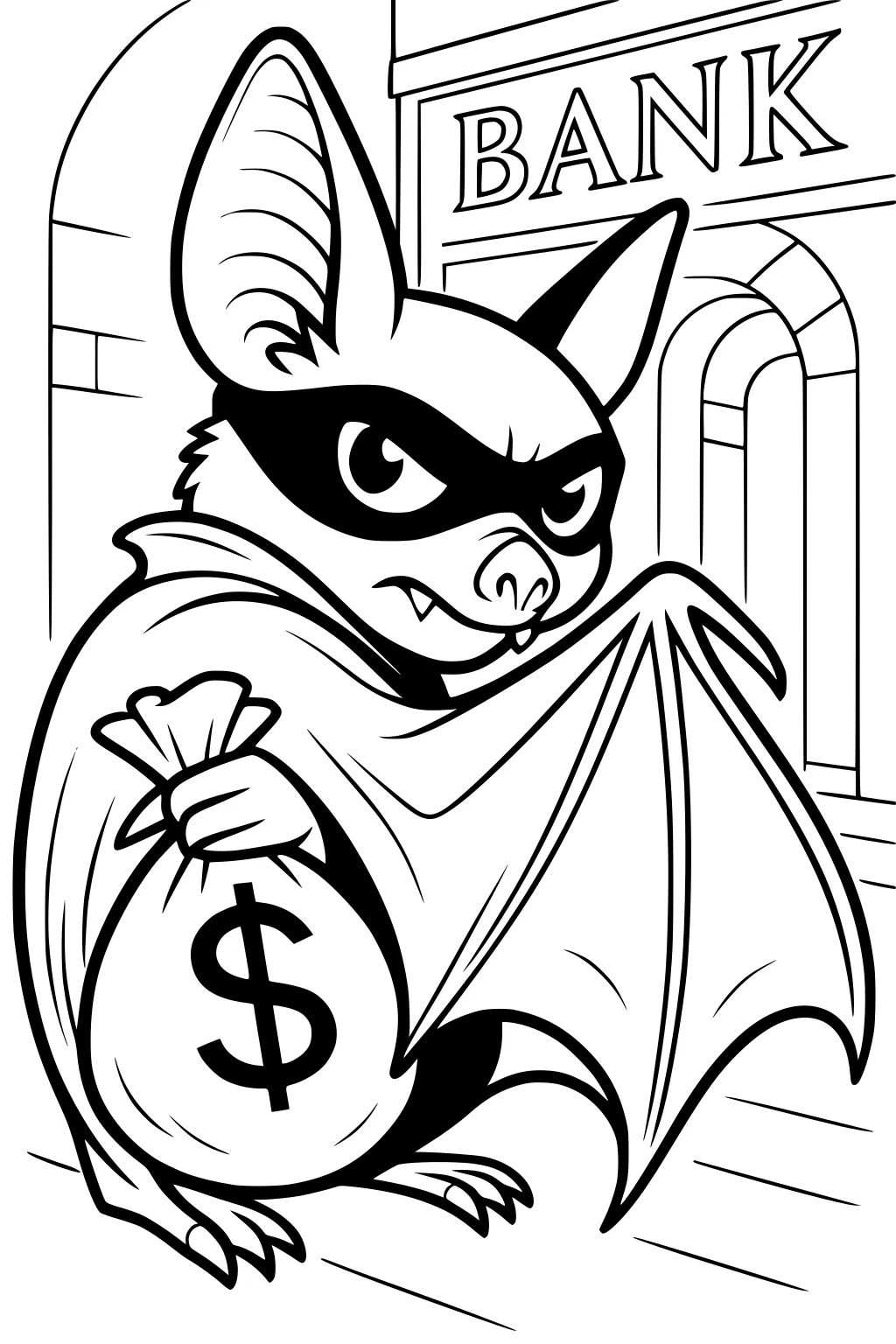 Masked cartoon bat holding a money bag outside a bank with tall ears and one wing shaped like a cape.