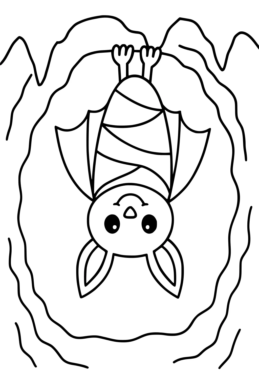 Cartoon bat with big eyes hanging upside down in a cave with curvy rock outlines.