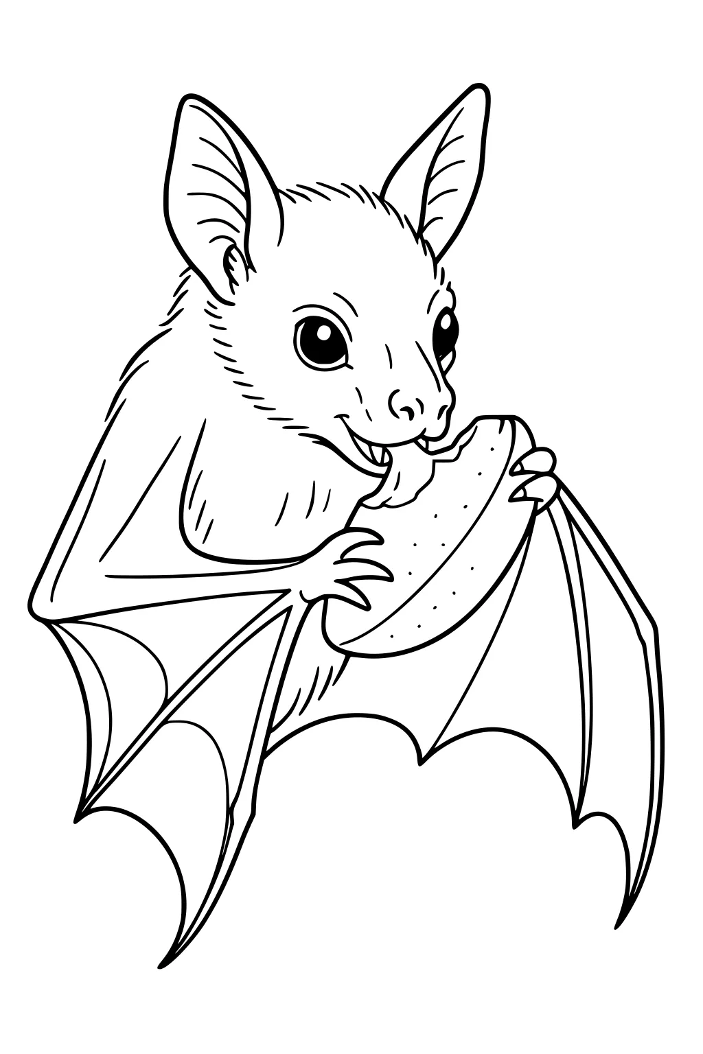 A bat with wide eyes and large ears holds a fruit slice in her wings and licks it with her tongue.