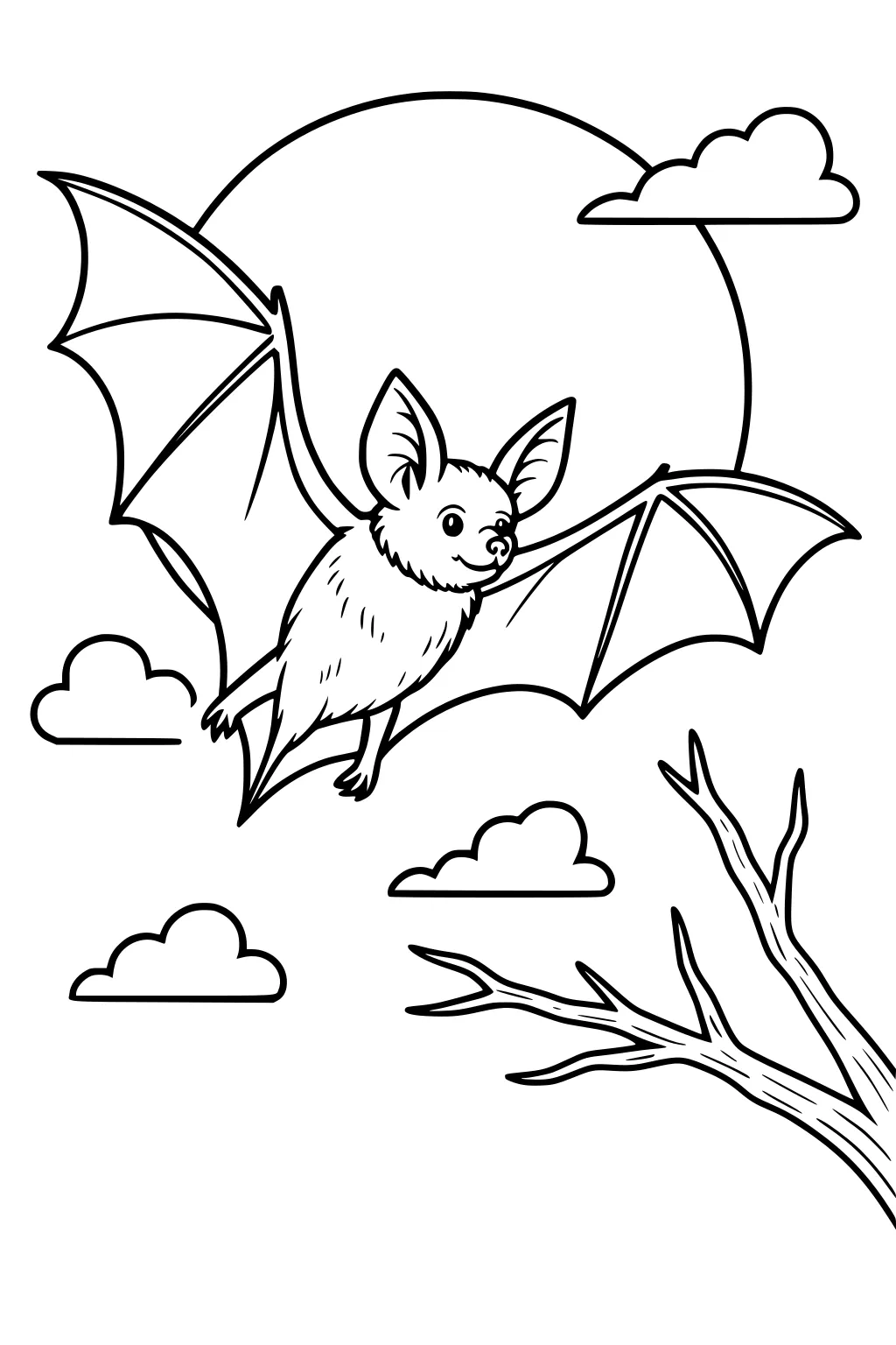 Bat with big ears and furry body flying in front of moon with clouds and a bare tree branch.