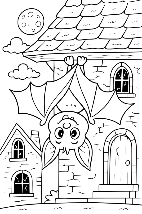 Upside-Down Bat at Moonlit Mansion