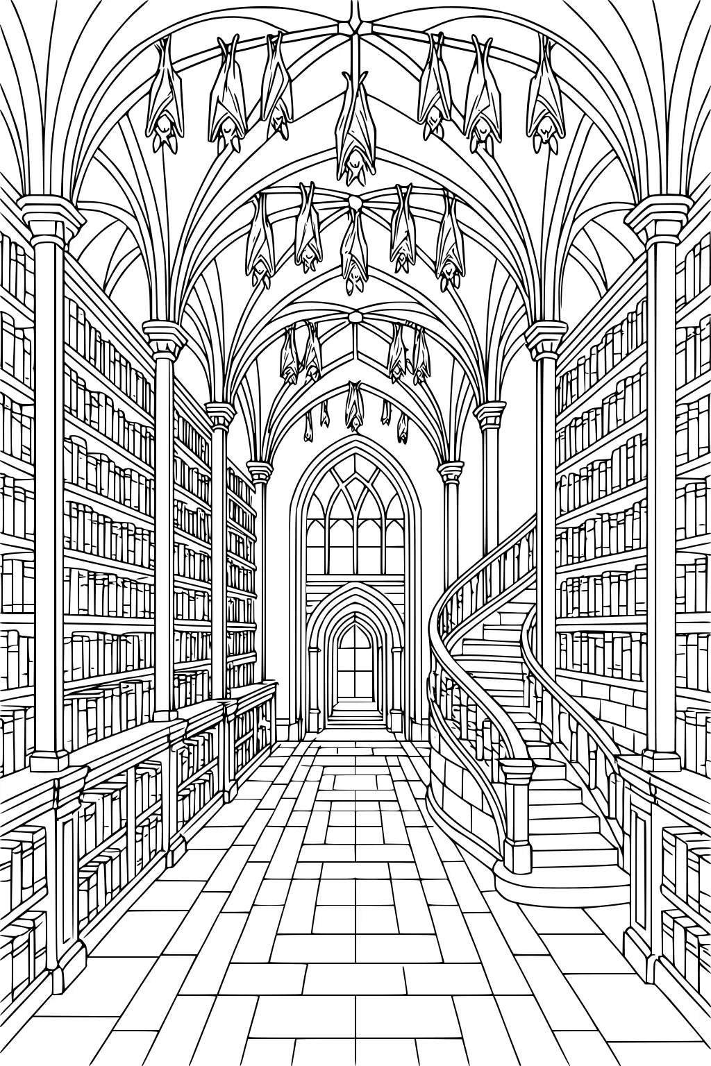 Gothic library with bats on arched ceiling, tall bookshelves, tiled aisle, and a spiral staircase going up.