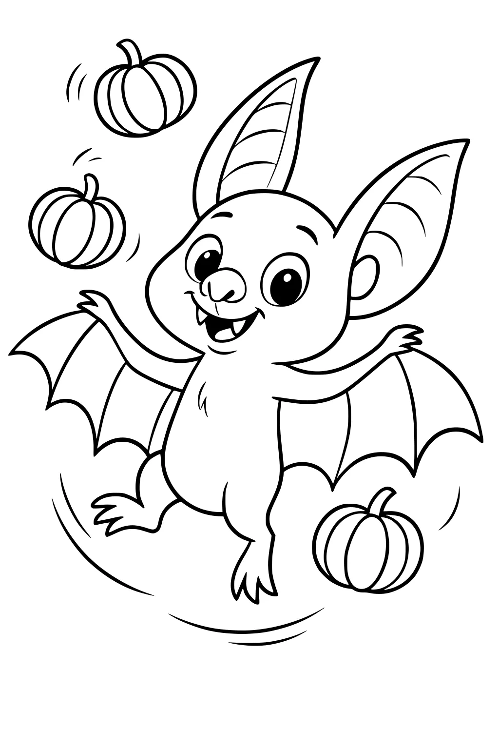 Cartoon bat with big ears and open wings jumping next to three pumpkins.
