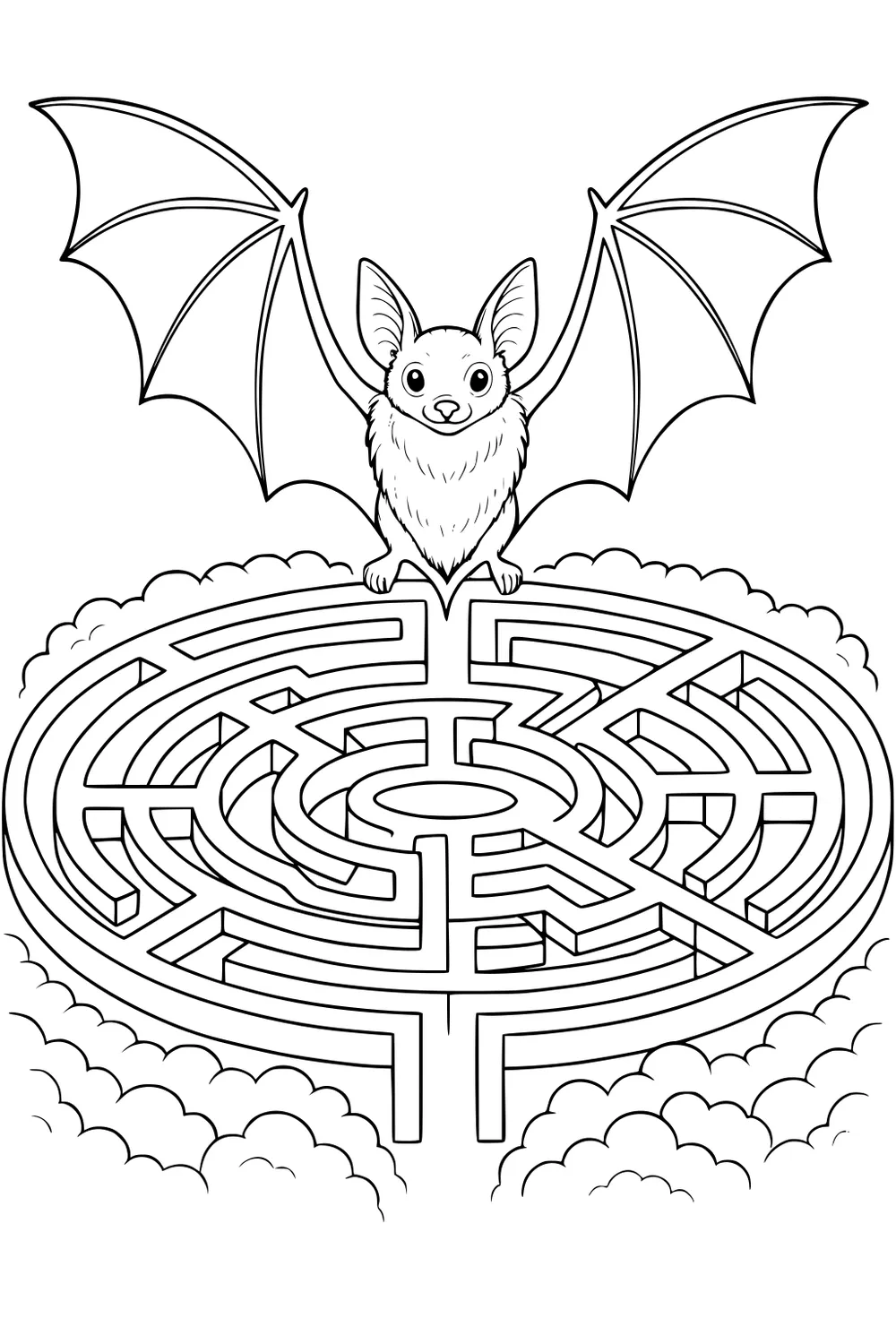 Cartoon bat with big wings perched on a circular maze with clouds all around.