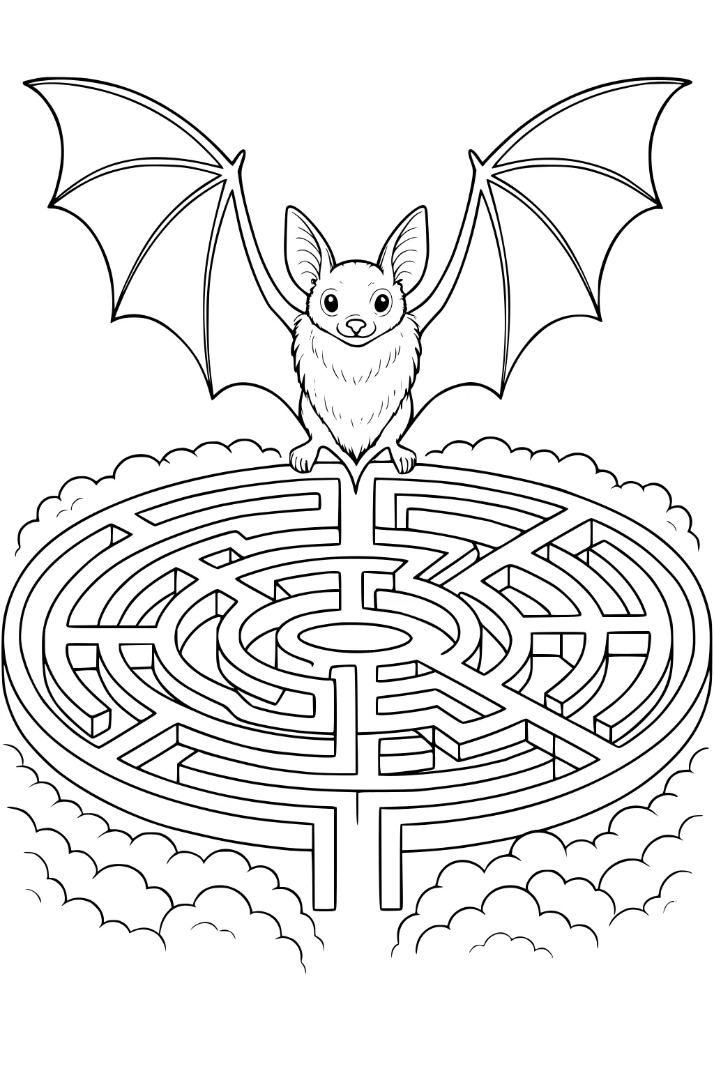 Cartoon bat with big wings perched on a circular maze with clouds all around.