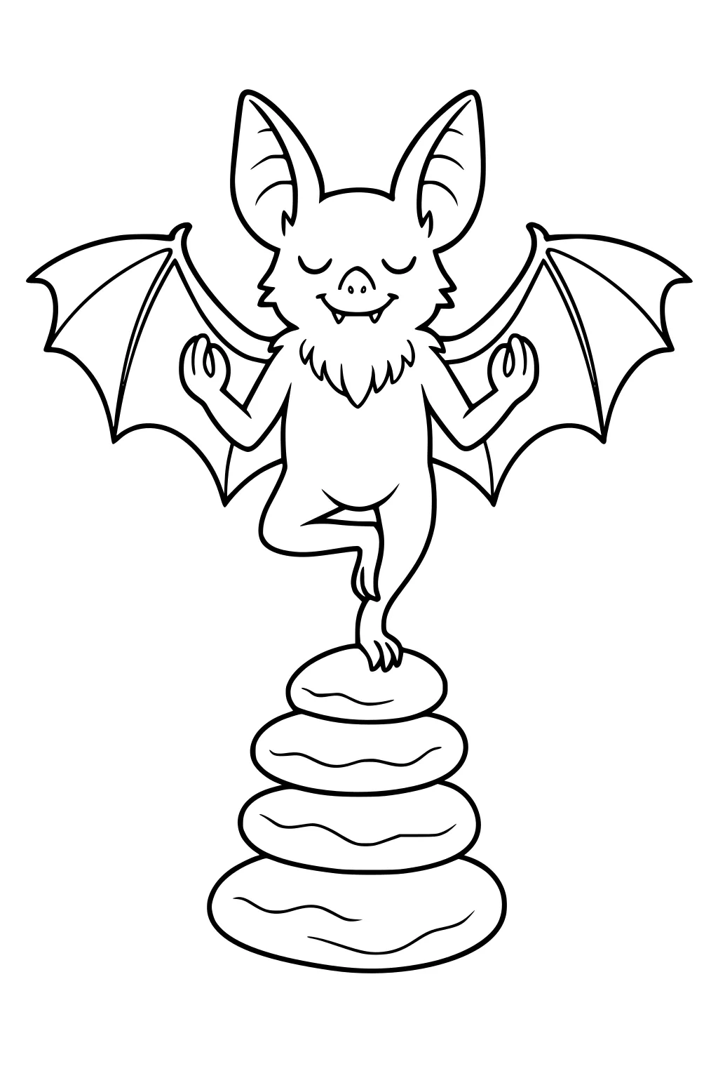 A bat balances on one leg on top of stacked stones, wings spread, eyes closed, arms raised with curved fingers.