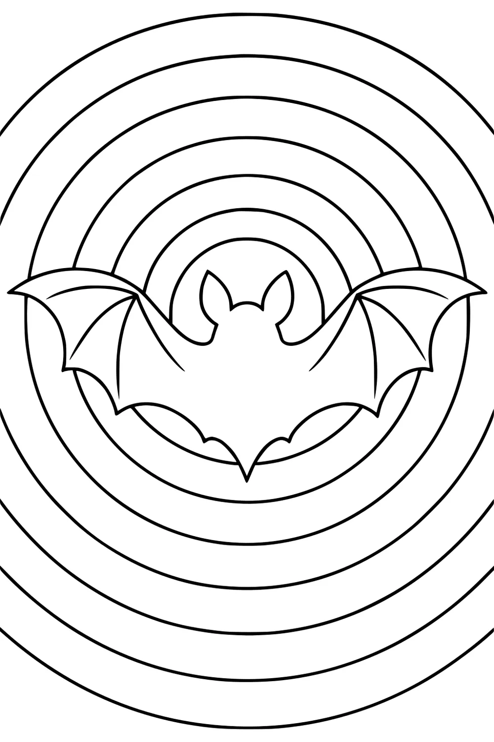 Silhouette of a bat with spread wings in front of wide concentric circles.