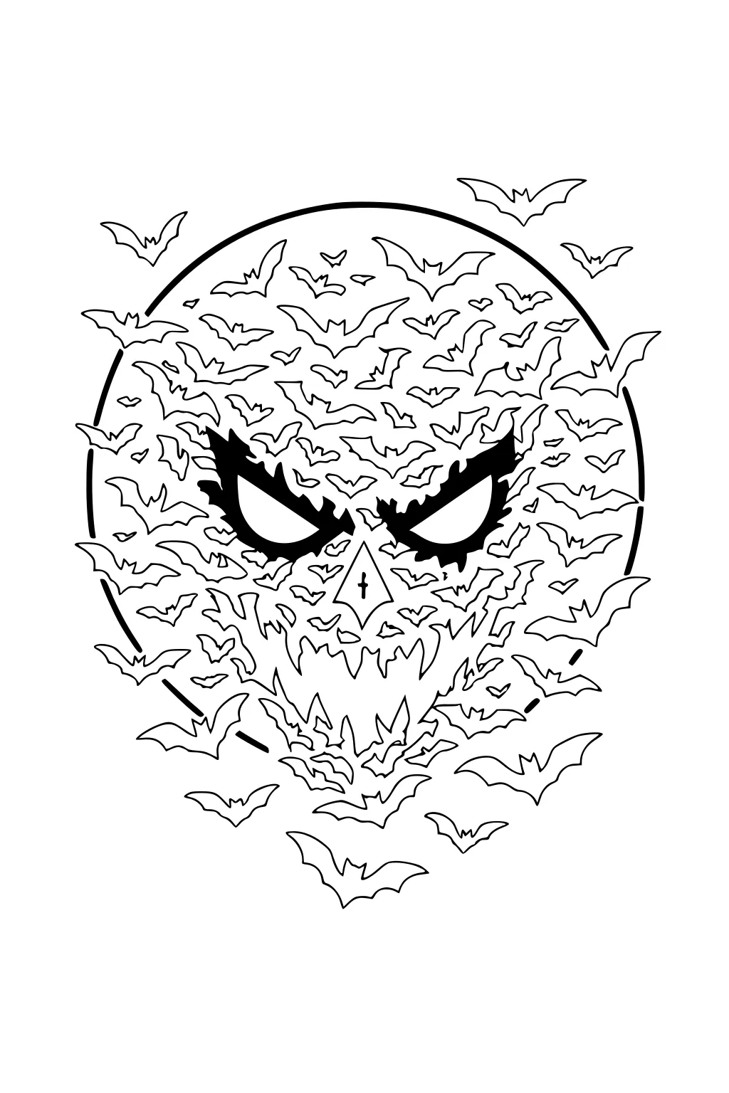 Halloween moon of many bats forming a face with sharp eyes and small cross nose, with extra bats flying around the circle.