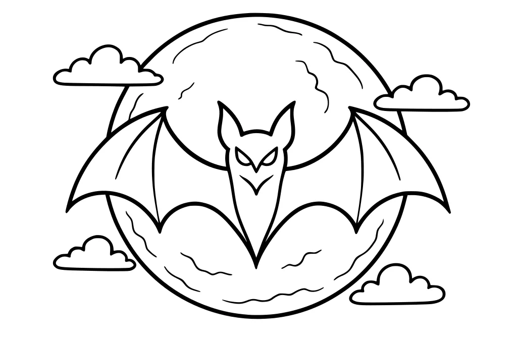 Bat flying with wings wide in front of a full moon and several cartoon clouds.
