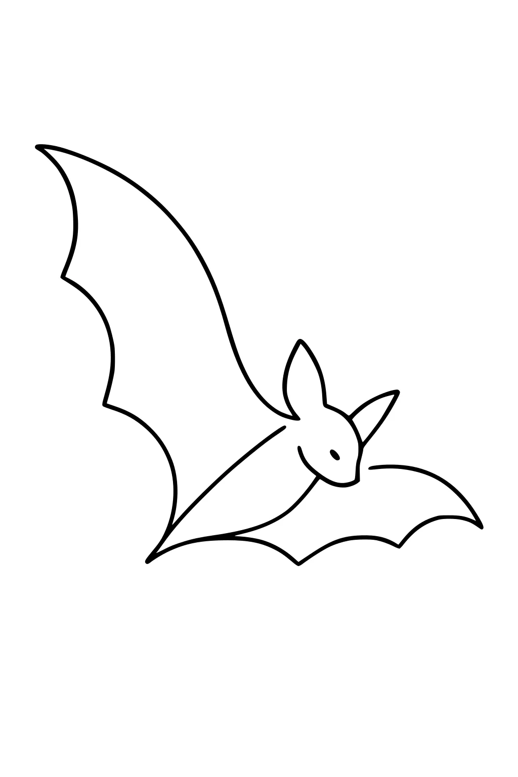 Line drawing of a flying bat with pointed wings and two ears, surrounded by empty space.