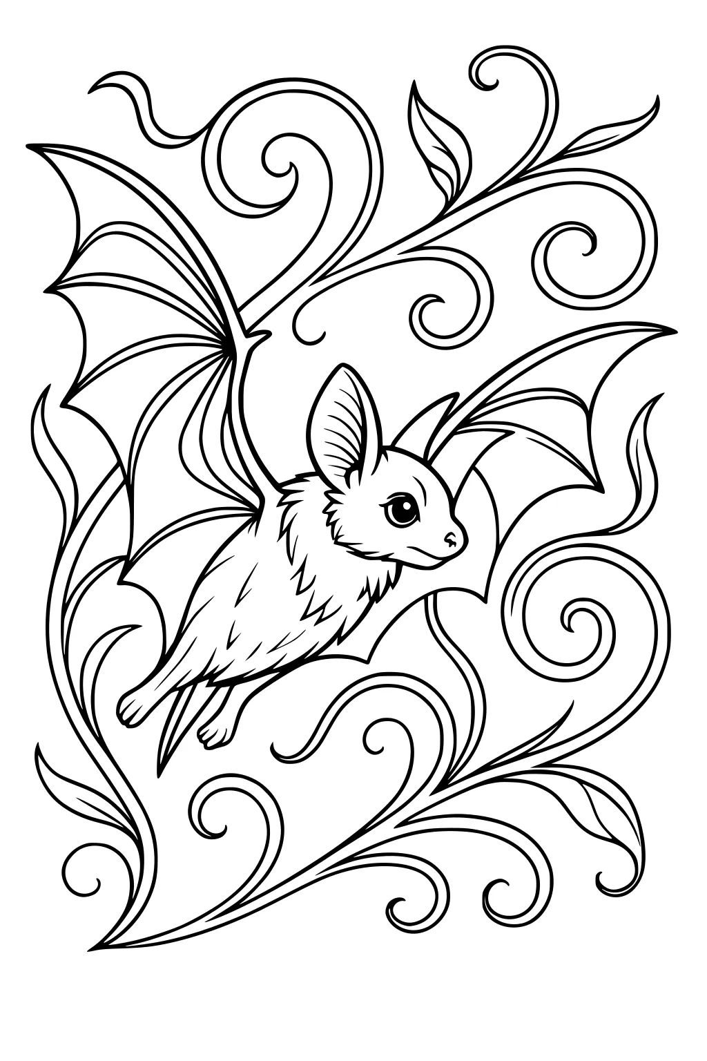 A bat with large ears flies among swirling vines and leaves, lines curl around the bat and fill the page.