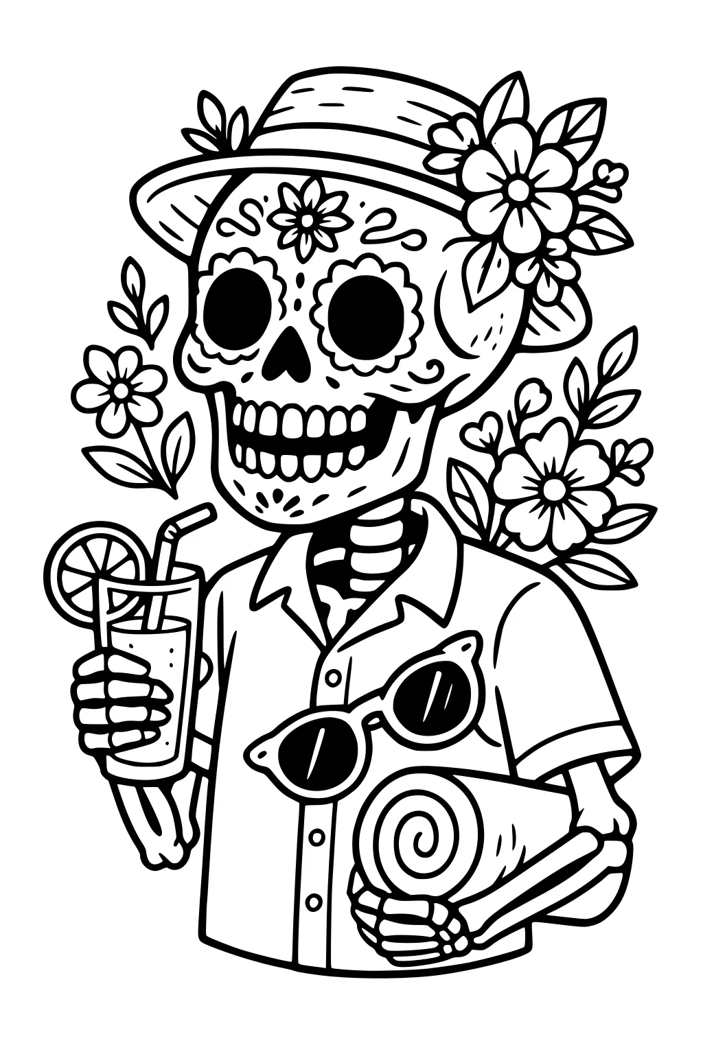 Smiling calavera grandpa in flowered hat and shirt holds lemonade, rolled towel, and sunglasses, with flowers around.