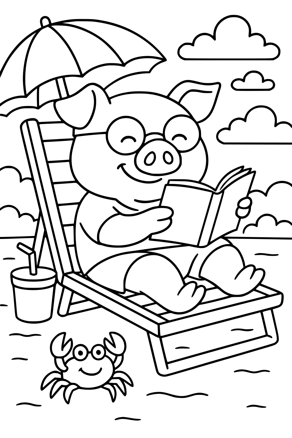 Pig in glasses reading on a beach chair under an umbrella with a crab nearby and a drink beside him.