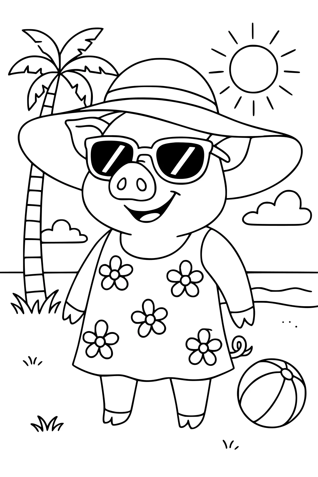 Piglet in hat and sunglasses, floral dress, smiling at the beach with palm tree, beach ball, sun, and clouds in the background.