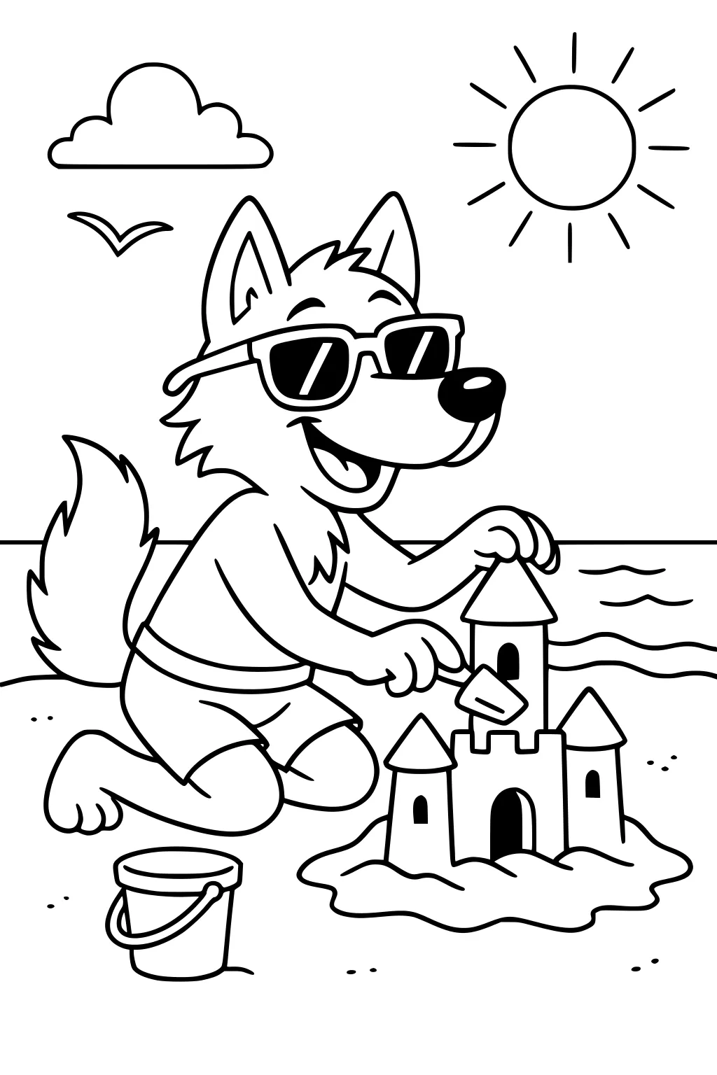 Cartoon wolf in sunglasses kneels on a beach, building a sandcastle with a trowel; bucket nearby, sun, cloud, bird, and waves.