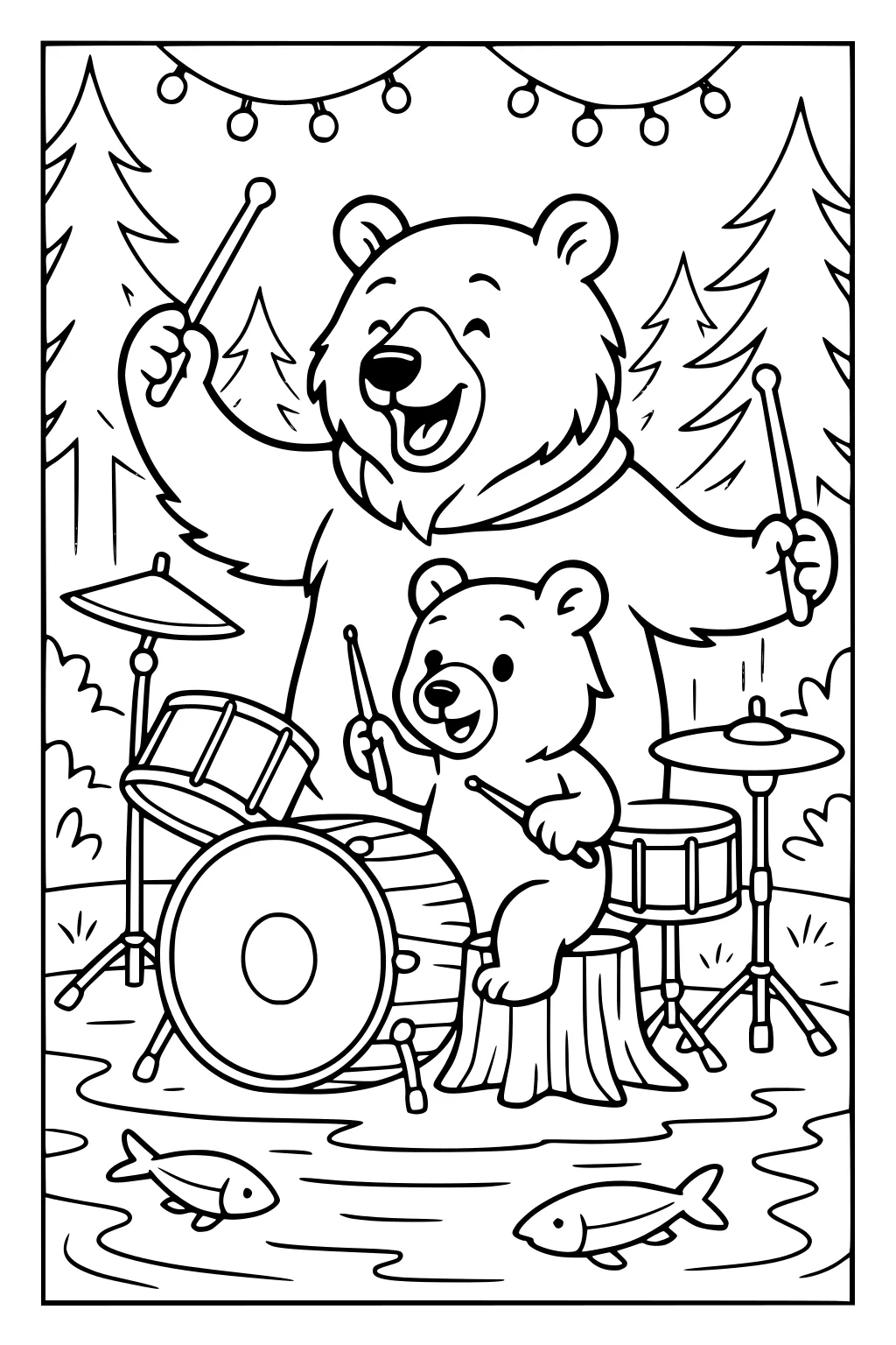 Papa bear and cub sitting at a drum set near a pond with fish, pine trees, and string lights overhead.