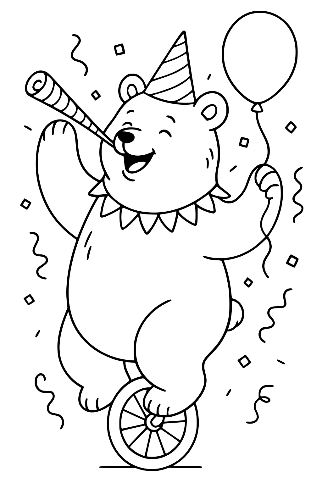 Bear with party hat riding a unicycle, blowing a horn, holding a balloon, surrounded by confetti.