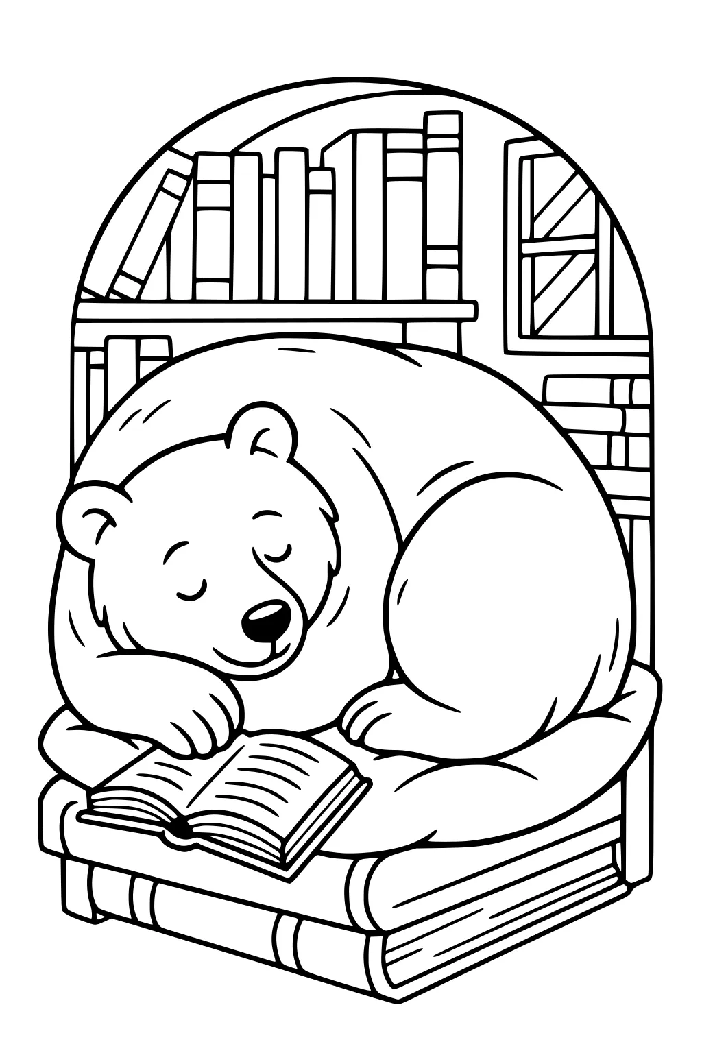 Bear sleeping on a pile of books with an open book and bookshelves in the background.