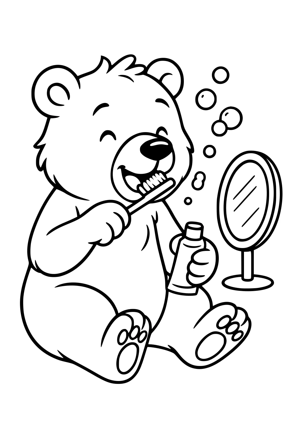 Friendly bear brushing teeth with bubbles and a small round mirror beside him.