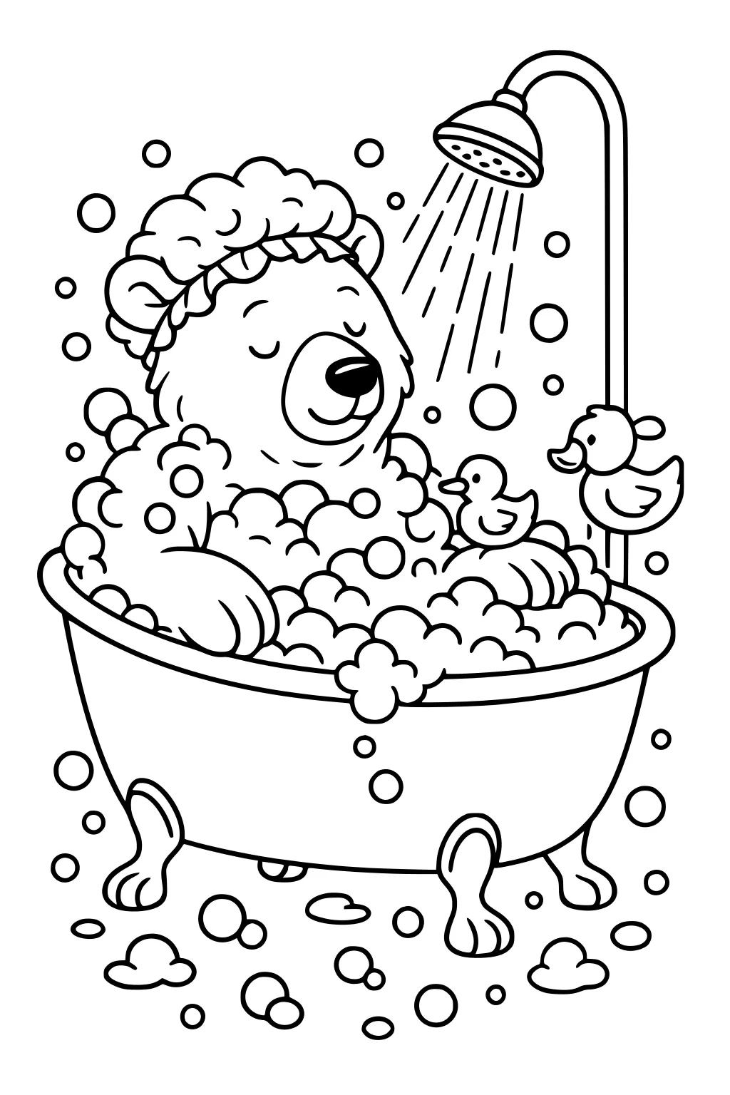 Bear relaxing in a tub full of bubbles with a shower cap, two rubber ducks, and shower spraying water down.