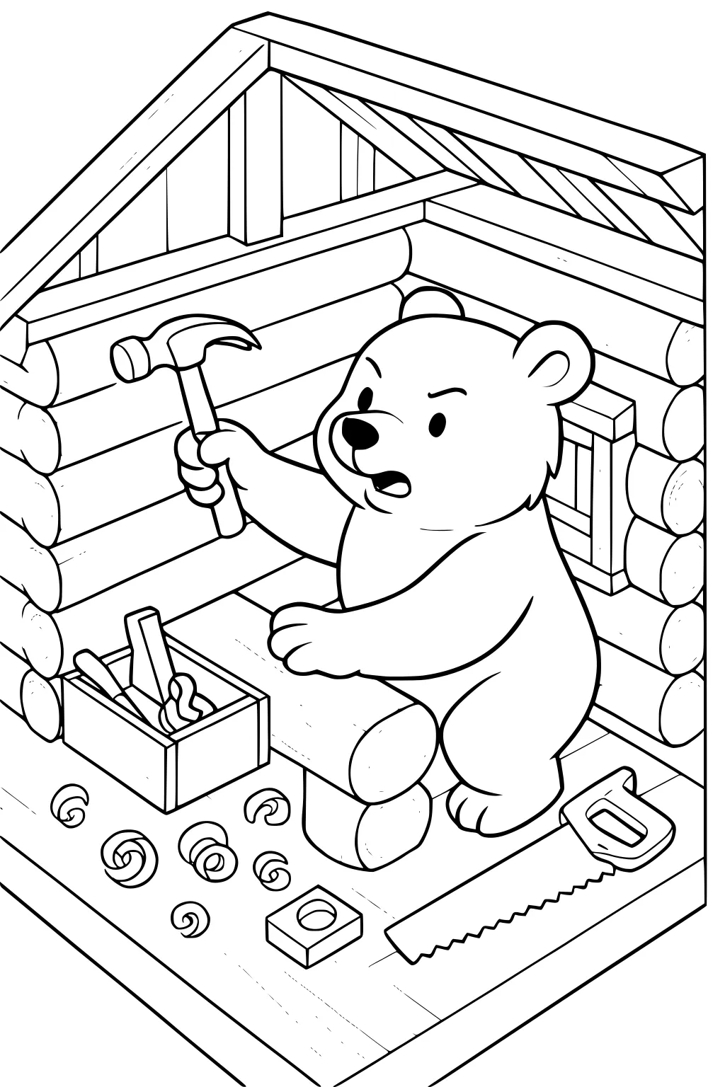 Bear holding a hammer in a log cabin workshop with toolbox, wood shavings, and saw on the wooden floor.