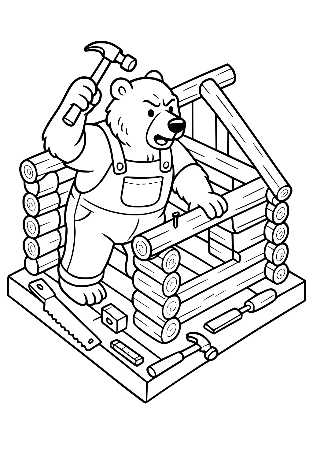 Bear in overalls holds a hammer, building a log cabin from logs with tools scattered nearby.