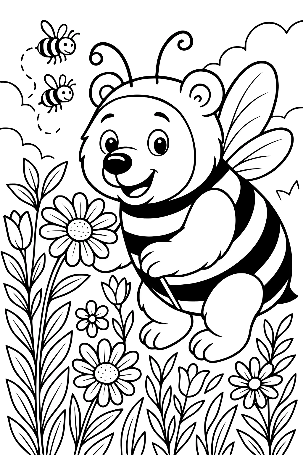Bear in a bee costume smiling among flowers with two bees flying overhead and big fluffy clouds in the background.