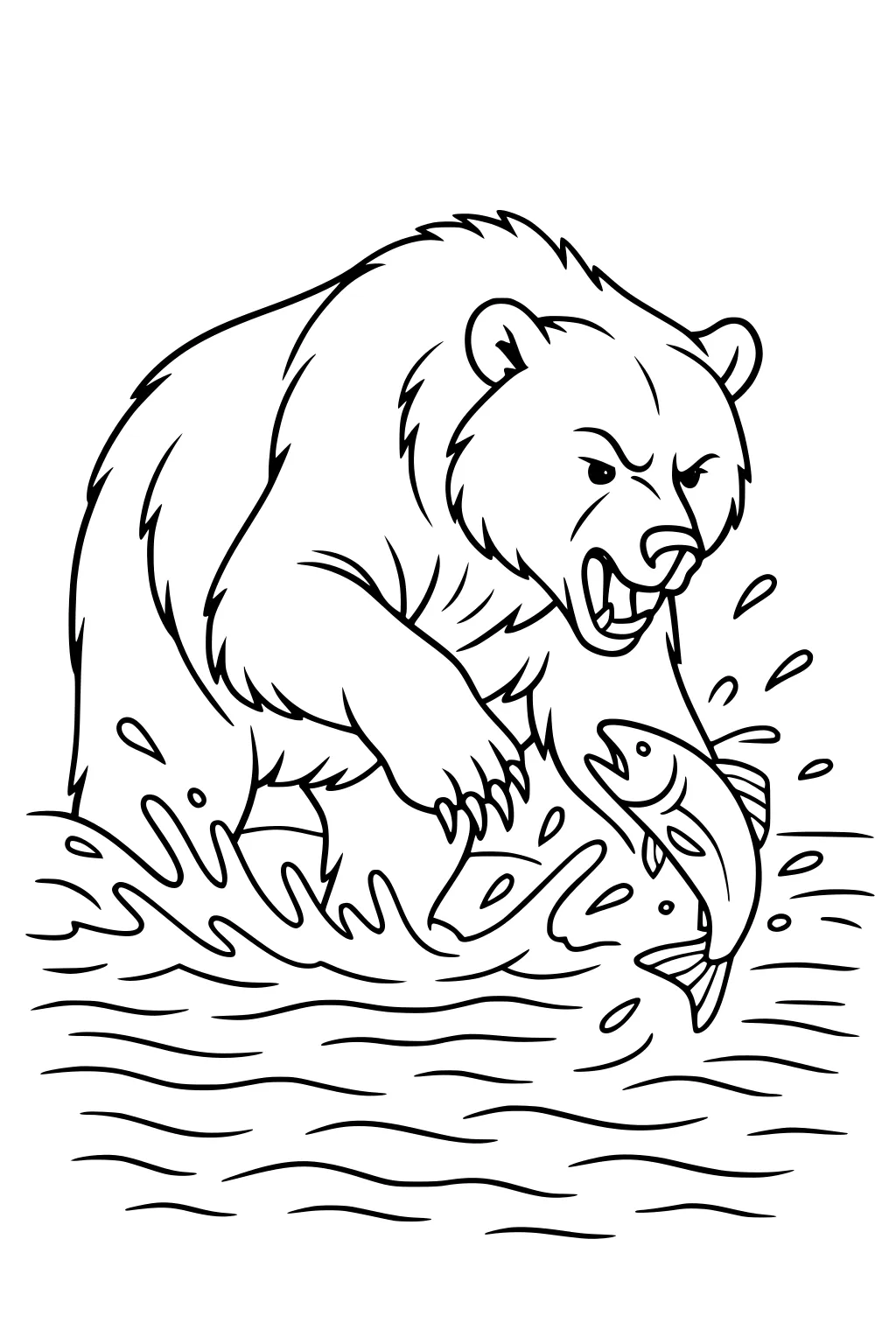 Large bear stands in a river with splashing water, catching a fish with its paw. The bear's mouth is open and its fur is fluffy.