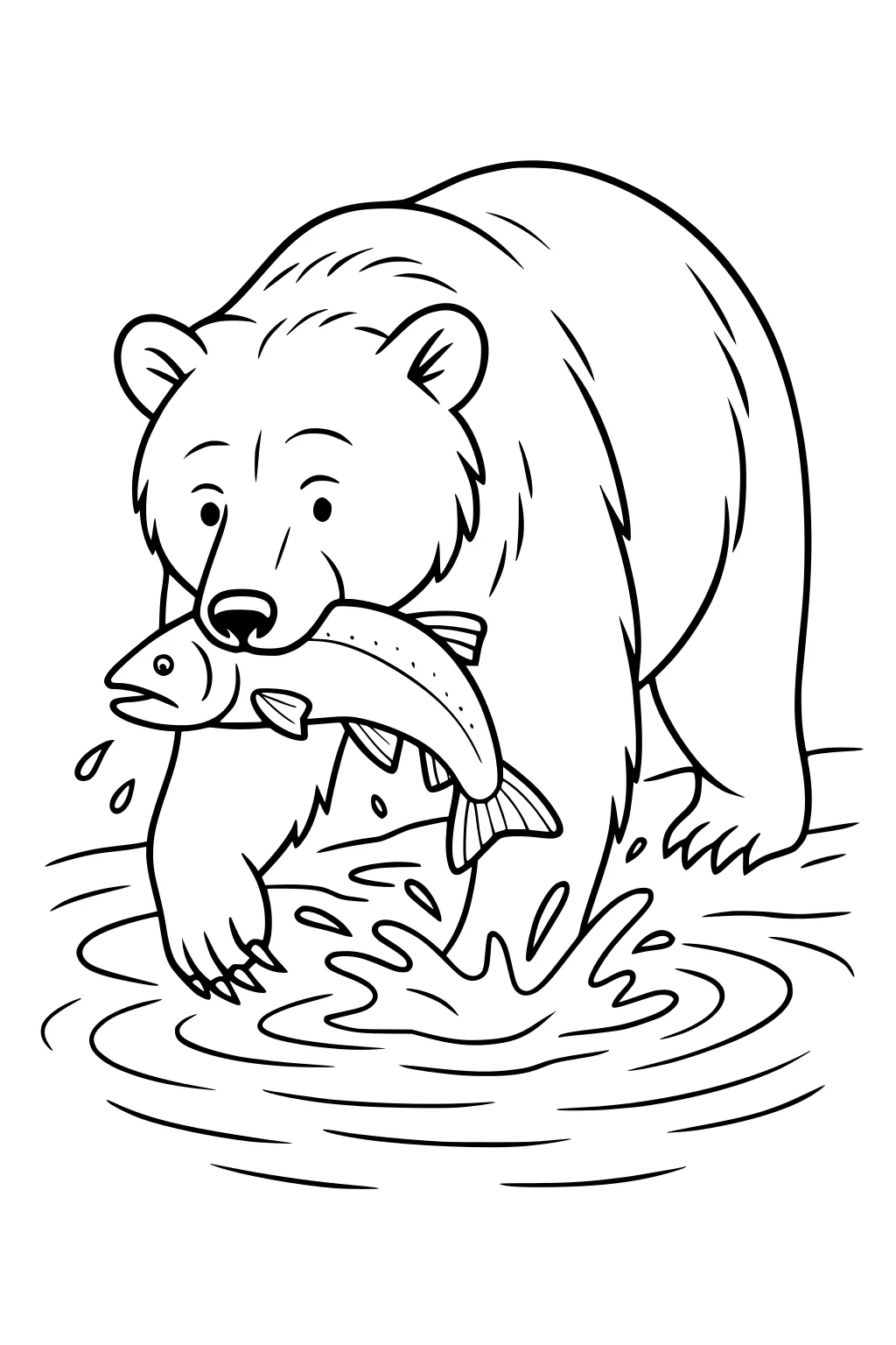 Bear standing in water, holding a fish in its mouth, with ripples and splashing around its paws.