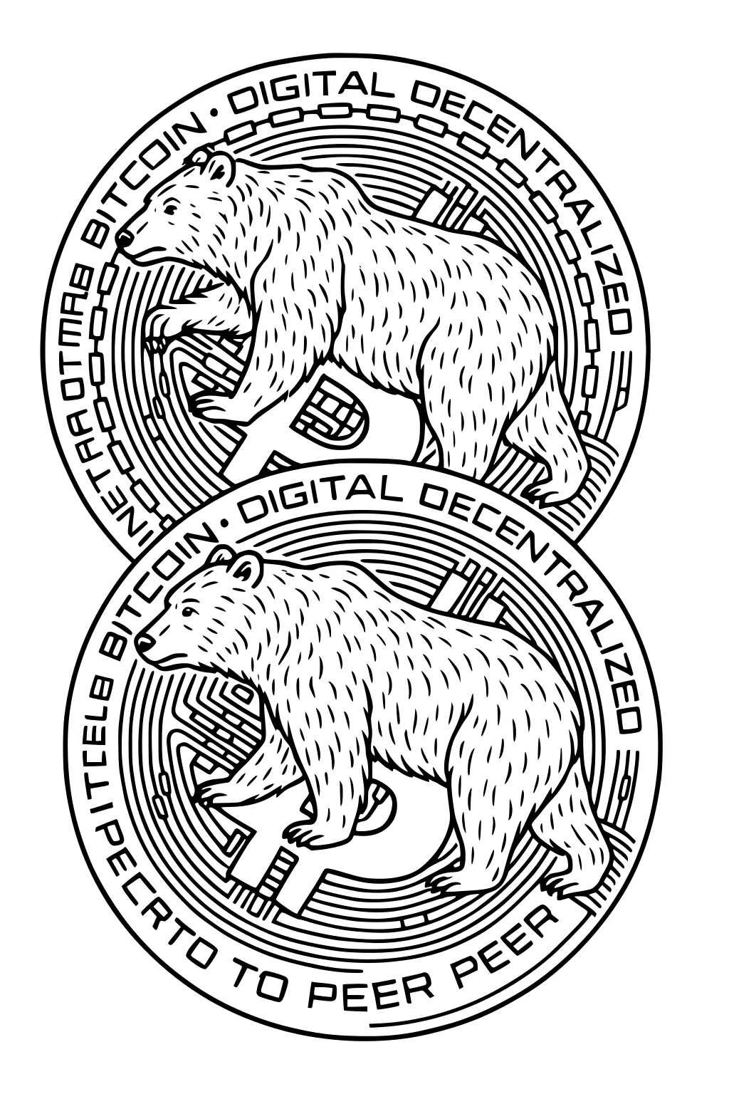 Two bears walking across overlapping Bitcoin coins with digital circuit designs and text.