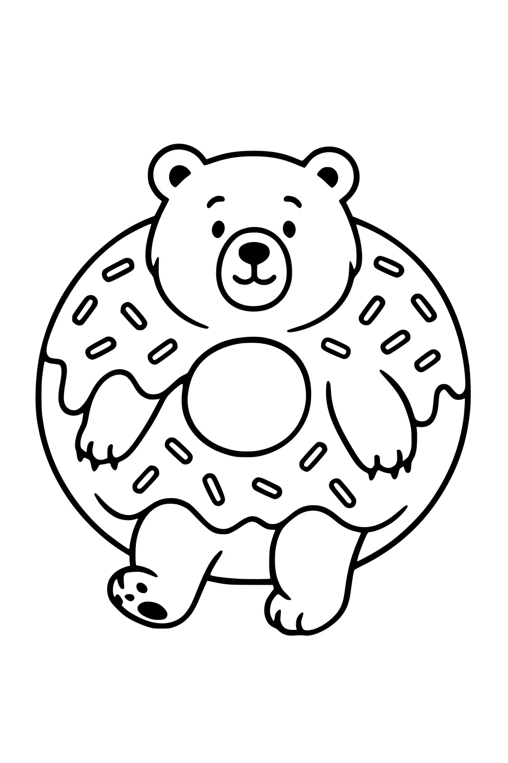 Bear sitting inside a sprinkle-covered doughnut with its paws and legs showing.