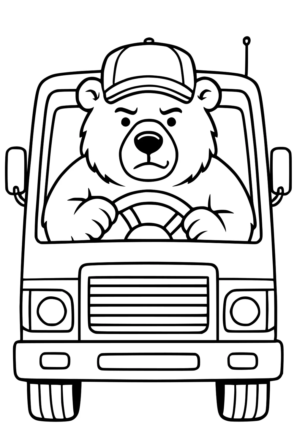A bear wearing a cap drives a truck, holding the steering wheel with both paws, seen from the front of the vehicle.