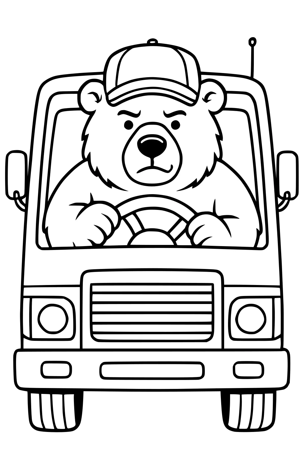 A bear wearing a cap drives a truck, holding the steering wheel with both paws, seen from the front of the vehicle.