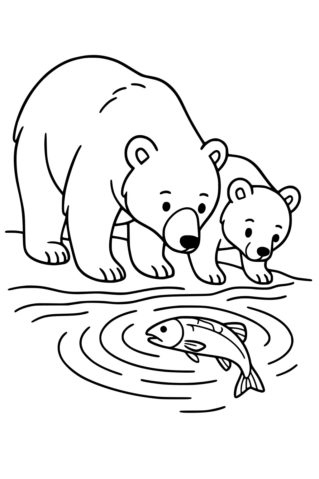 Mother bear and cub by the river watching a fish swimming in water with curved ripples around it.