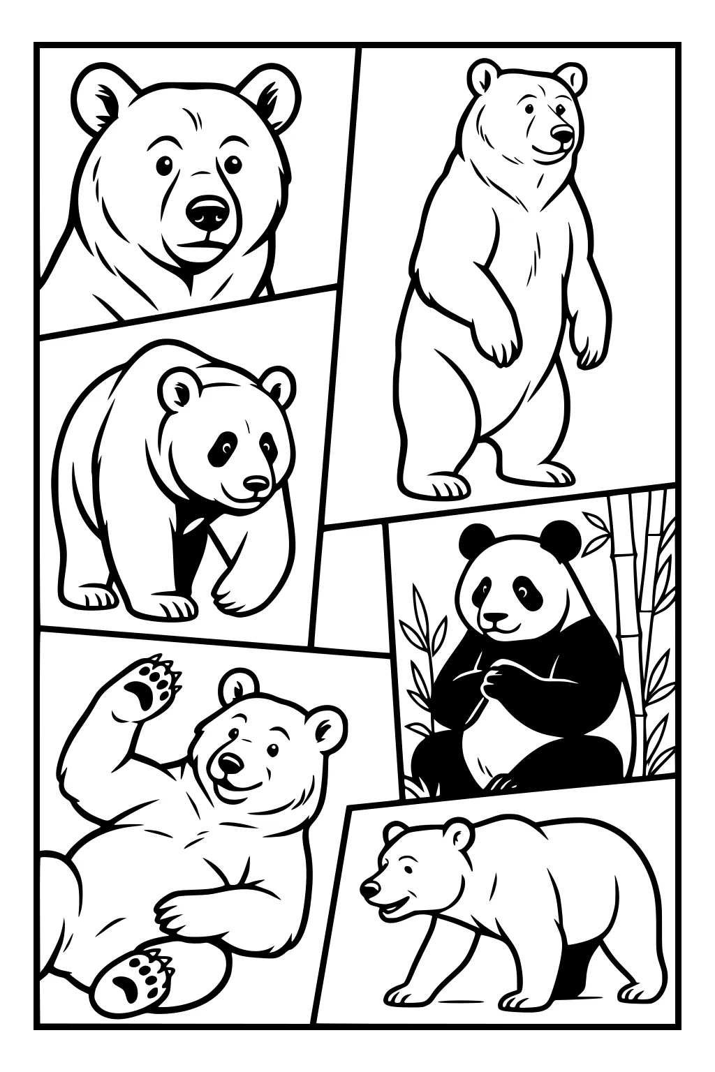 Six cartoon bears in comic-style panels, including a panda with bamboo, a waving bear, and a bear cub walking.