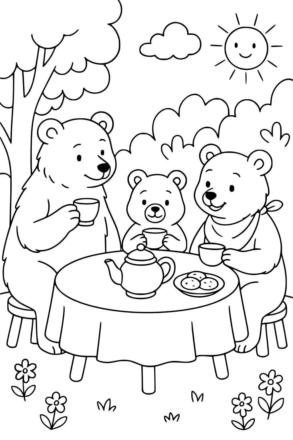 Three bears having tea and cookies at a round table outside with flowers, trees, bushes, clouds, and a smiling sun.