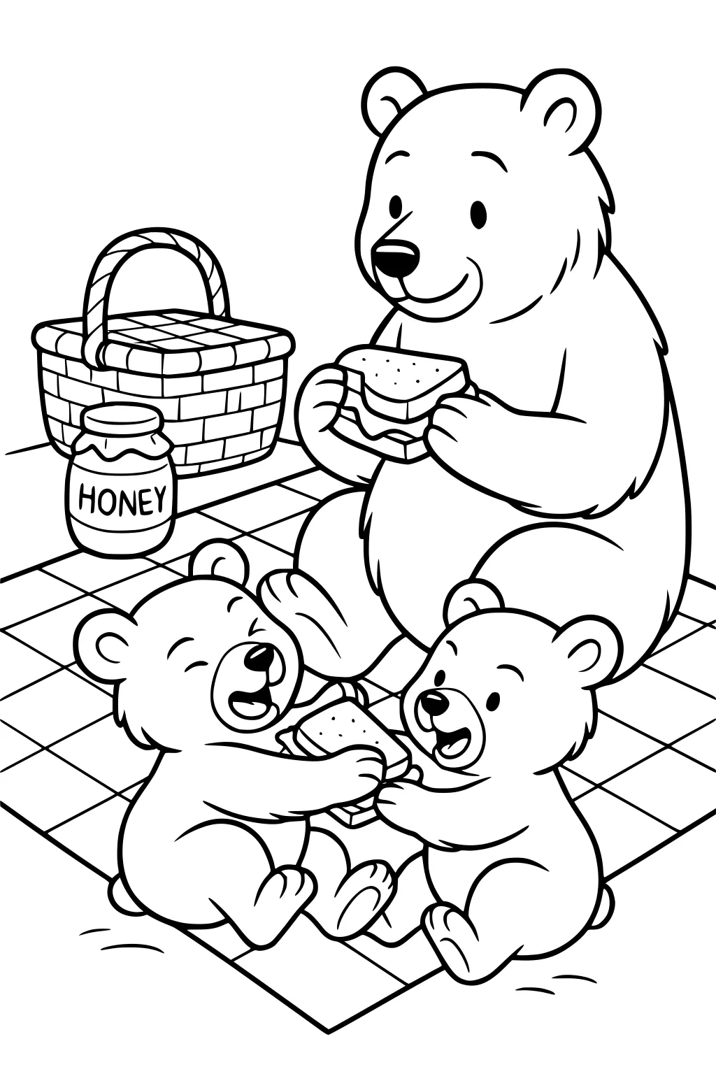 Three bears eat sandwiches on a picnic blanket with a basket and a jar marked honey next to them.
