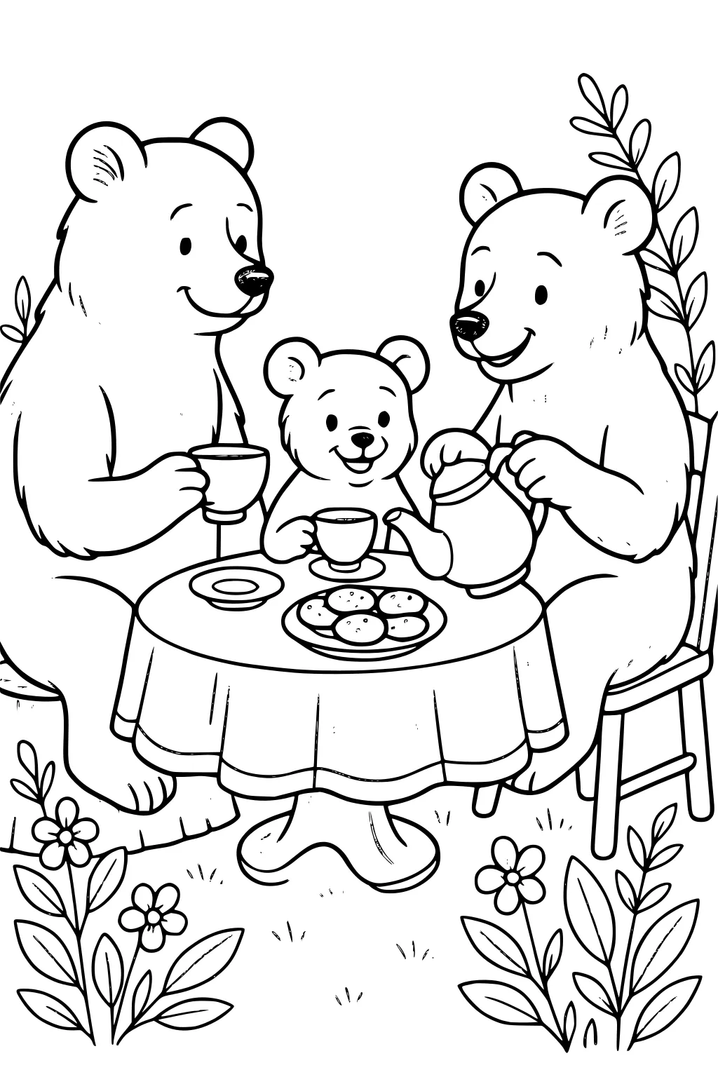 Three bears sharing tea and cookies around a table outdoors, surrounded by grass and flowers.