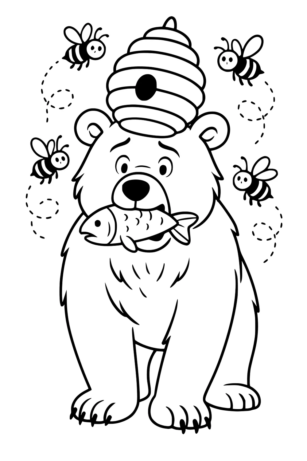 Bear with a fish in its mouth, beehive on head, four bees flying around, playful expressions and simple outlines.