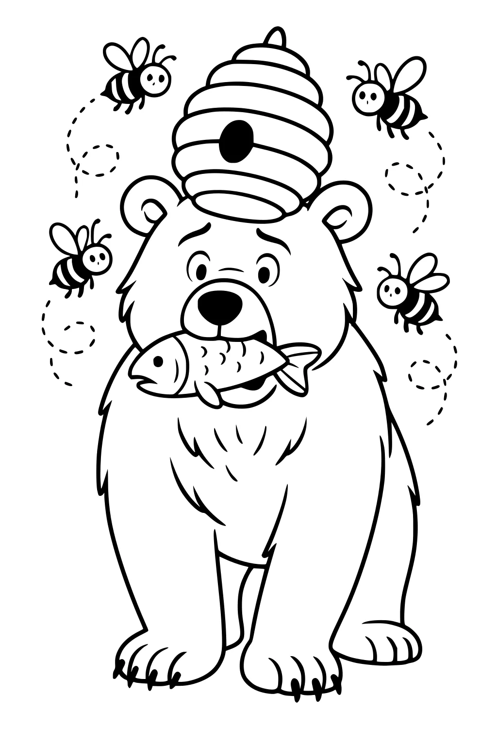Bear with a fish in its mouth, beehive on head, four bees flying around, playful expressions and simple outlines.